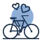 An icon of a bike with two hearts symbolizing the benefits of riding a bike or e-bike