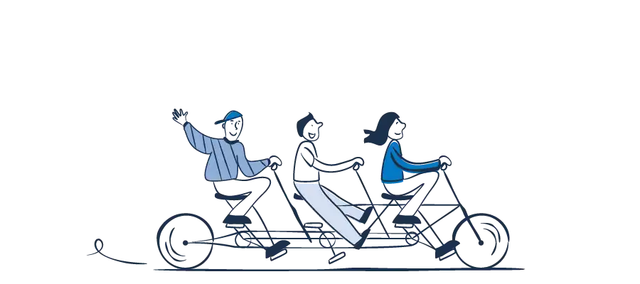 Illustration of three people riding a tandem bicycle, symbolizing teamwork and shared progress. Best Payment Solutions supports e-bike incentive programs for sustainable transportation.