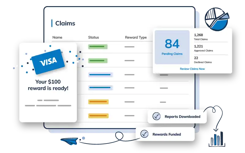 Best Payment Solutions claims management system displaying reward processing, pending claims, and approved payments for seamless incentive program management.