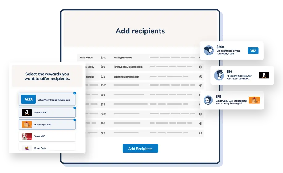 Best Payment Solutions eGift card platform showing recipient list and reward selection, including Visa, Amazon, Home Depot, Target, and iTunes eGift cards.