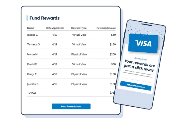 Illustration of a digital rewards dashboard displaying approved fund rewards and a mobile Visa card redemption notification. Best Payment Solutions simplifies reward distribution and payouts.