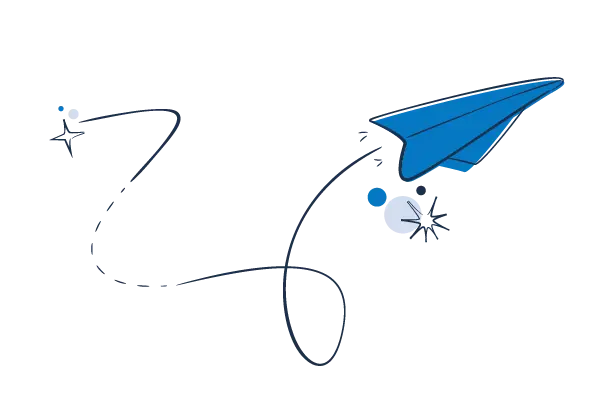 Illustration of a blue paper airplane flying