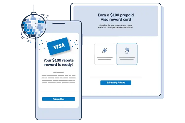 Illustration of a digital rebate reward system featuring a $100 Visa prepaid card notification and rebate submission form. Best Payment Solutions simplifies rebate management and redemption.