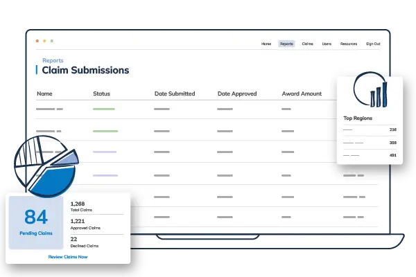 Illustration of a digital claim submissions dashboard with analytics and reporting tools. Best Payment Solutions provides tools that drive rebate program success.