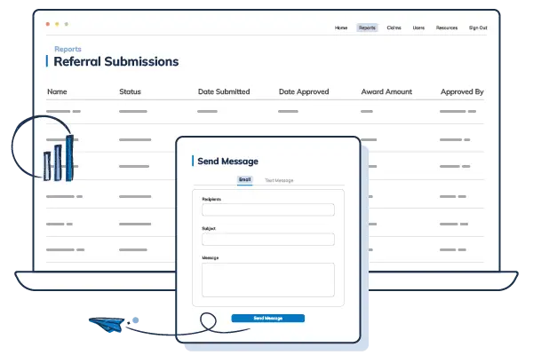 Illustration of a digital referral submissions dashboard with reporting and messaging features. Best Payment Solutions simplifies referral tracking and communication.