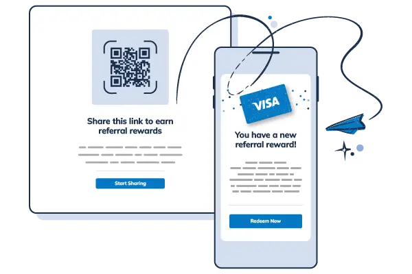 Illustration of a digital referral rewards system featuring a QR code and a smartphone notification for earning and redeeming referral bonuses. Best Payment Solutions streamlines referral incentives for businesses.