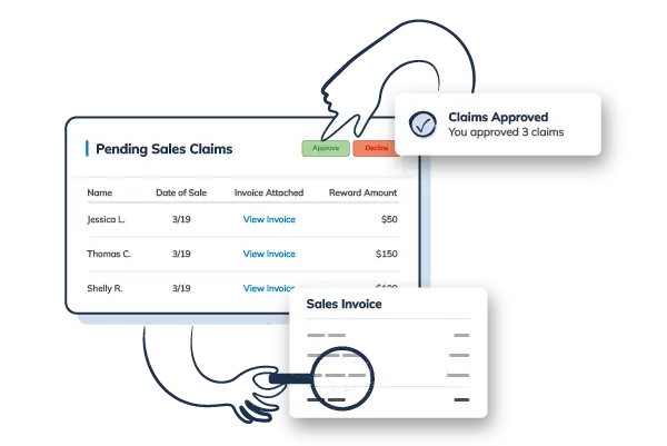 Illustration of a digital sales claims approval system displaying pending invoices and approved claims. Best Payment Solutions streamlines payment processing and rewards management.