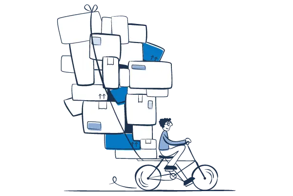 Illustration of a person riding a bicycle overloaded with stacked packages, symbolizing the challenges of handling multiple payments. Best Payment Solutions simplify transactions and improve efficiency.