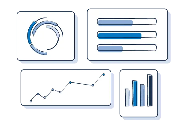 Illustration representing world-class accounting with various data visualization elements, including charts, graphs, and performance tracking bars.