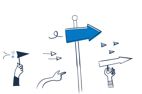 Illustration representing customer support services with multiple directional arrows and guiding hands, symbolizing assistance and navigation.