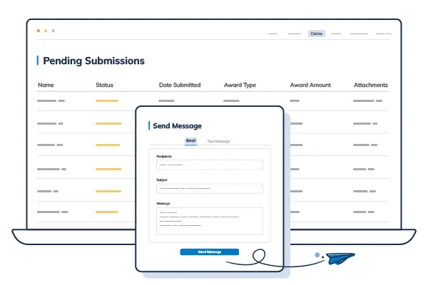 Illustration of a digital submissions dashboard with an integrated messaging tool. Best Payment Solutions enables targeted messaging for impactful program communications.