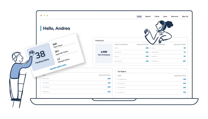 Illustration of a digital dashboard displaying claims, participants, and analytics. Best Payment Solutions offers advanced technology features that set us apart with seamless tracking and automation.